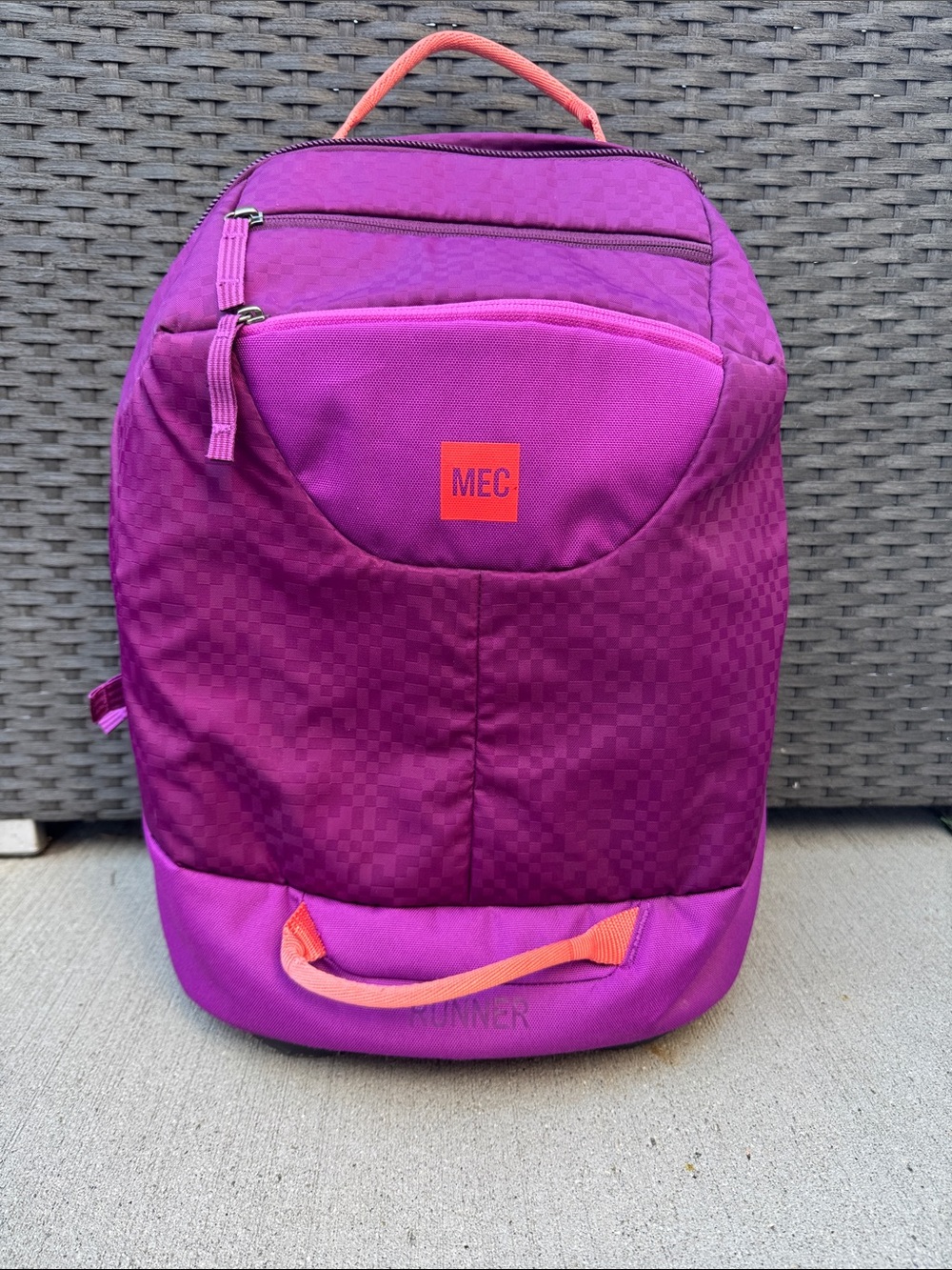 MEC Kids Purple Backpack with Coral Accents.